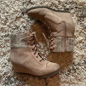 Tan Lace-Up and Zipper, Cuffed Ankle Boots